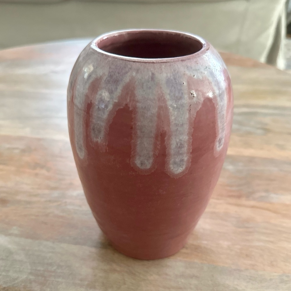 Vintage Art Pottery Raspberry Pink and Gray Drip Glazed Ceramic Vase